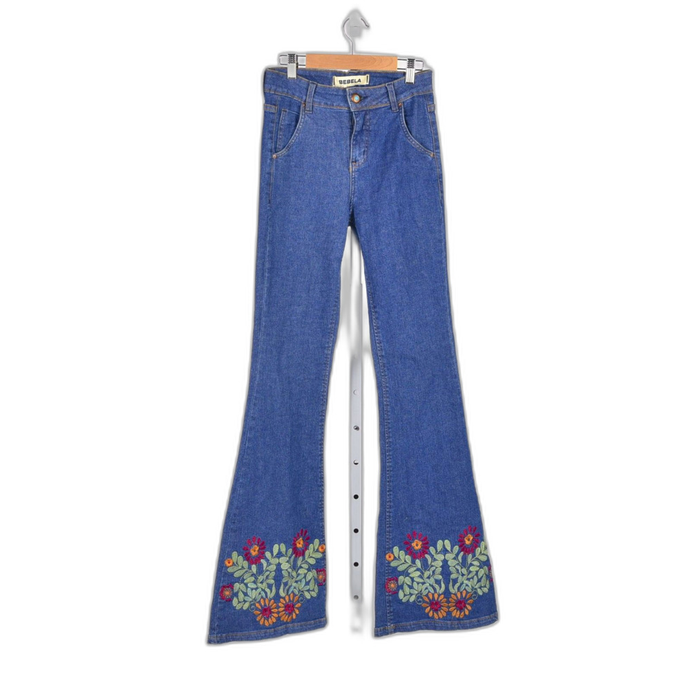 Bebela Retro Hippie Chic Embroidered Bohemian Bell Bottom Jeans Size 38